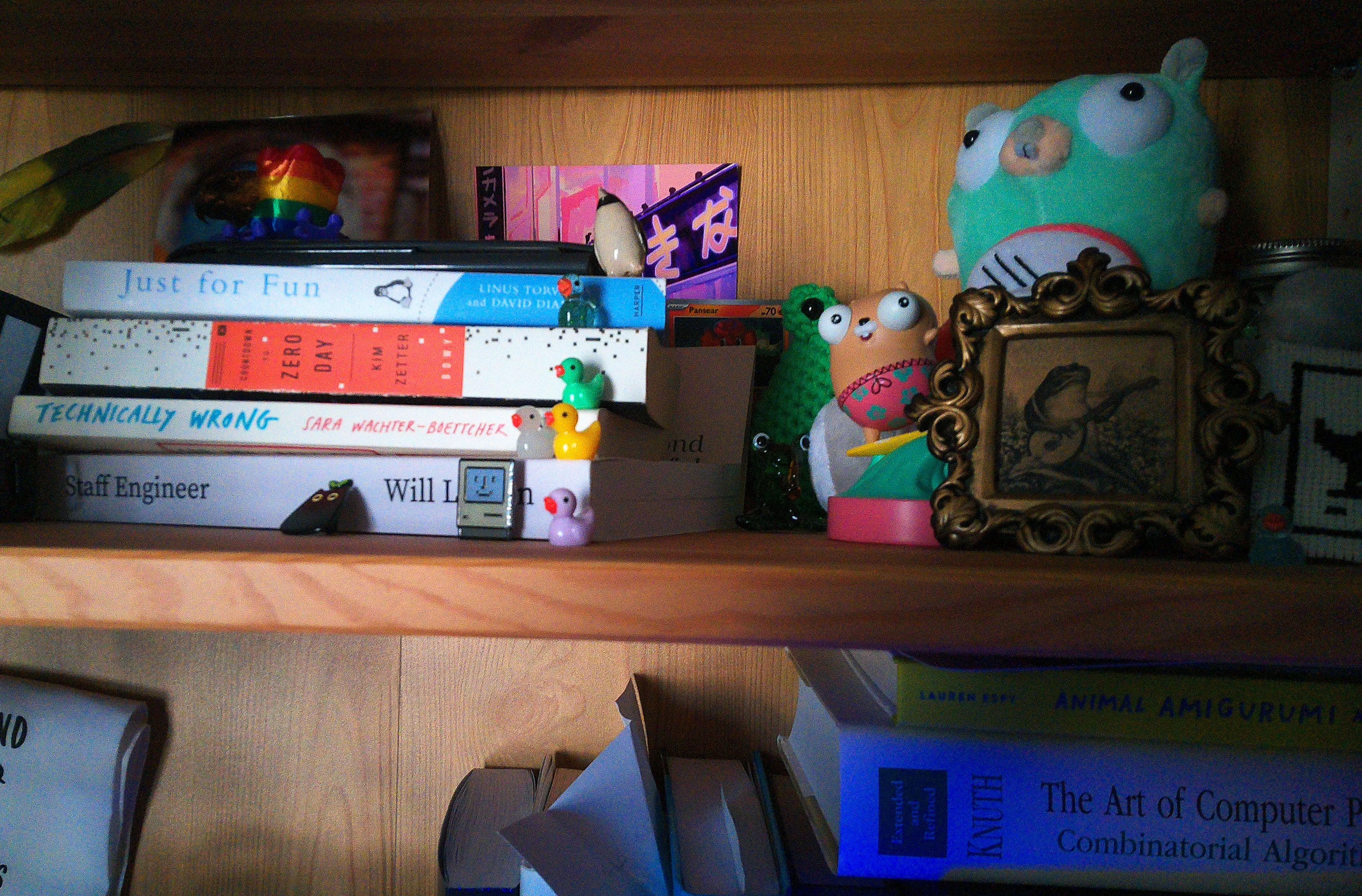 A cluttered bookshelf with small ducks on stacked books. There are many gophers from the programming language Go.